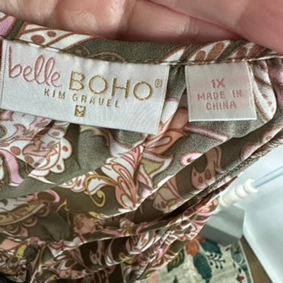 Belle Kim Gravel Boho Free Spirit Blouse Olive Dusk Paisley Peasant Top Size 1X - Picture 10 of 10